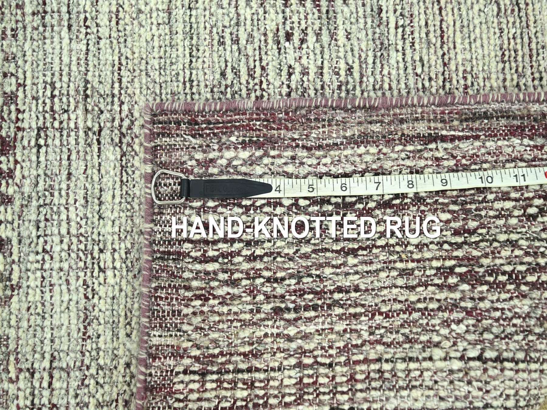 2'7"x6' Wine Red with Ivory, 100% Wool, Hand Knotted, Oxidized and Distressed Grass Design with Exposed Warps, Runner, Oriental Rug HR77056 - Image 7