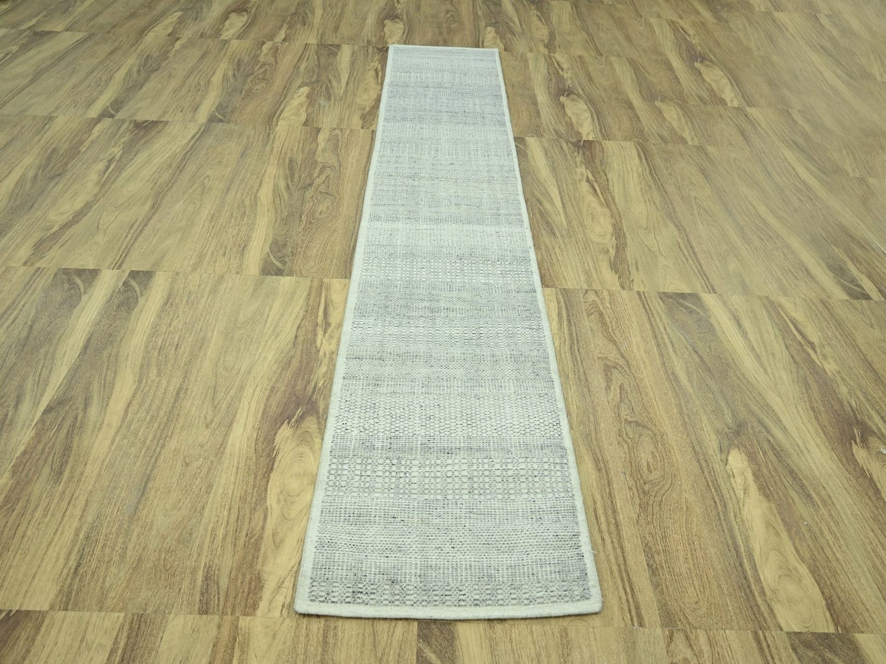 2'6"x11'10" Misty Gray, 100% Wool, Hand Knotted, Oxidized and Distressed Grass Design with Exposed Warps, Narrow Runner, Oriental Rug HR77061 - Image 2
