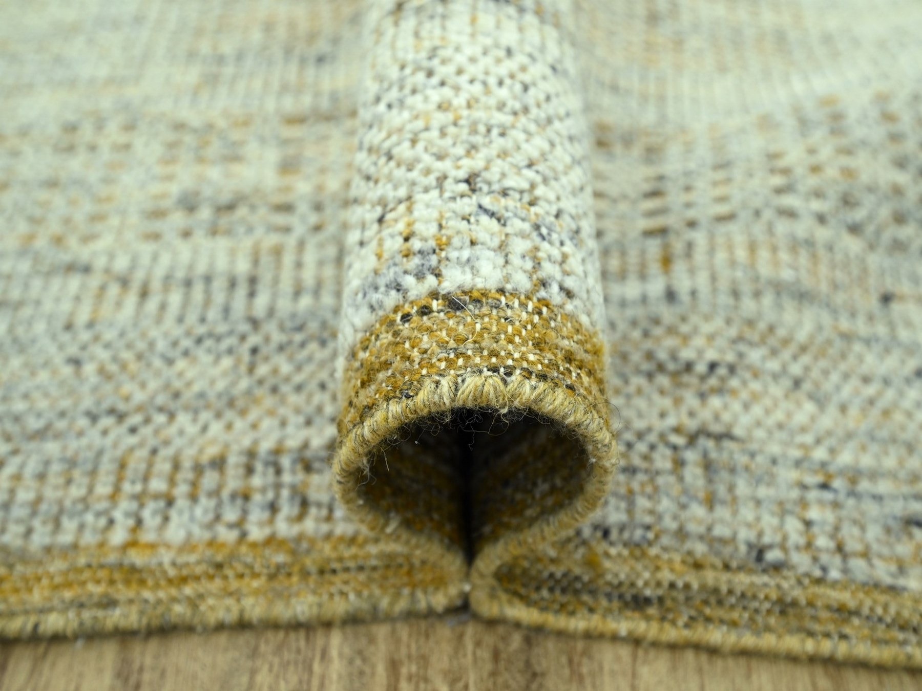 9'x12' Mustard Yellow, Oxidized and Distressed Grass Design with Exposed Warps, 100% Wool, Hand Knotted, Oriental Rug HR77067 - Image 5