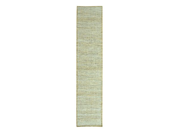 2'6"x12' Mustard Yellow, Oxidized and Distressed Grass Design with Exposed Warps, 100% Wool, Hand Knotted, Narrow Runner, Oriental Rug HR77069