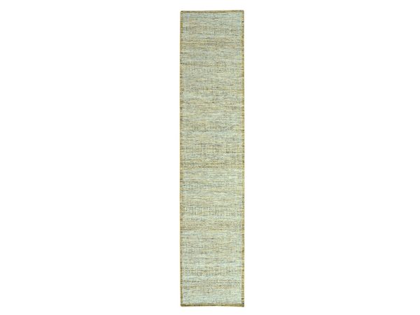 2'7"x12' Mustard Yellow, 100% Wool, Oxidized and Distressed Grass Design with Exposed Warps, Hand Knotted, Narrow Runner, Oriental Rug HR77070