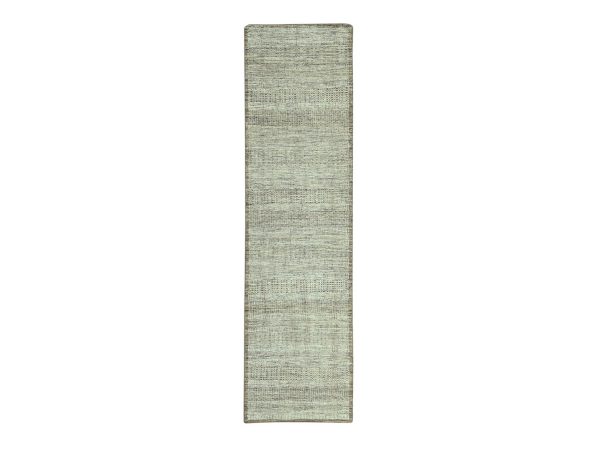 2'7"x11'10" Beaver Brown with Ivory, Hand Knotted, Oxidized and Distressed Grass Design with Exposed Warps, 100% Wool, Runner, Oriental Rug HR77074