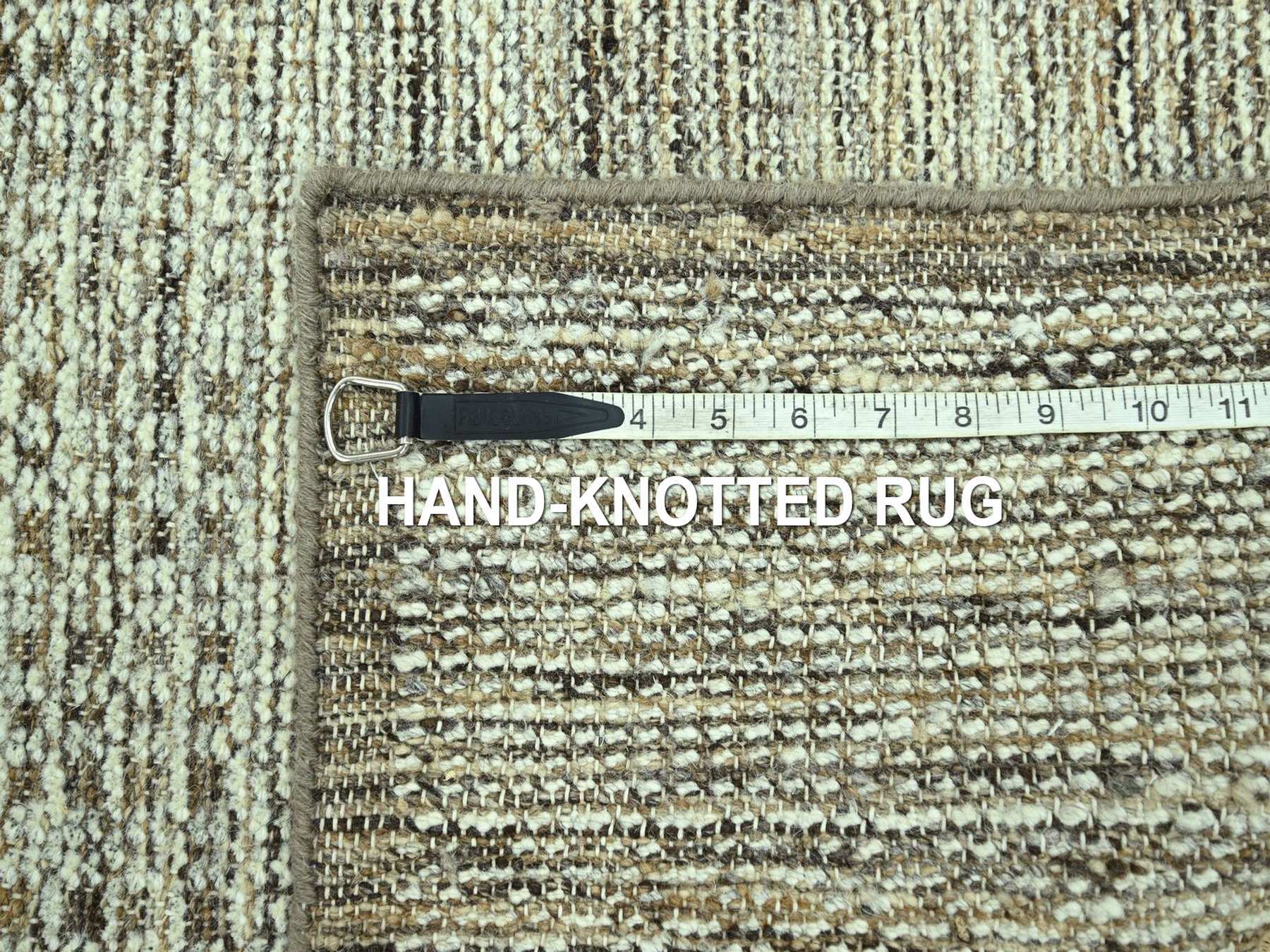 2'7"x11'10" Beaver Brown with Ivory, Hand Knotted, Oxidized and Distressed Grass Design with Exposed Warps, 100% Wool, Runner, Oriental Rug HR77074 - Image 7