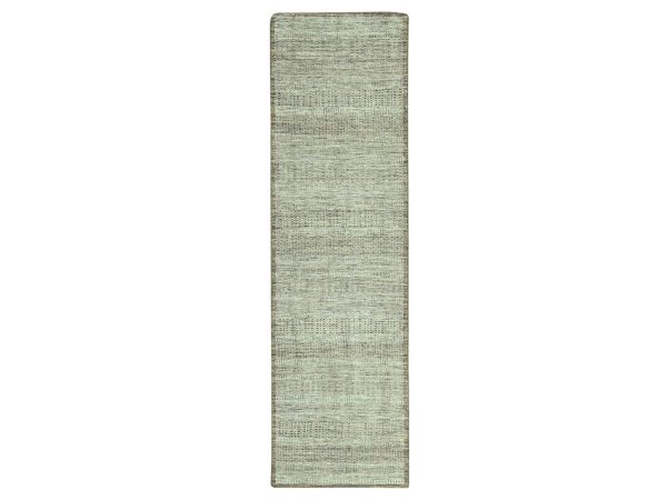 2'7"x10'1" Beaver Brown, 100% Wool, Oxidized and Distressed Grass Design with Exposed Warps, Hand Knotted, Runner, Oriental Rug HR77076