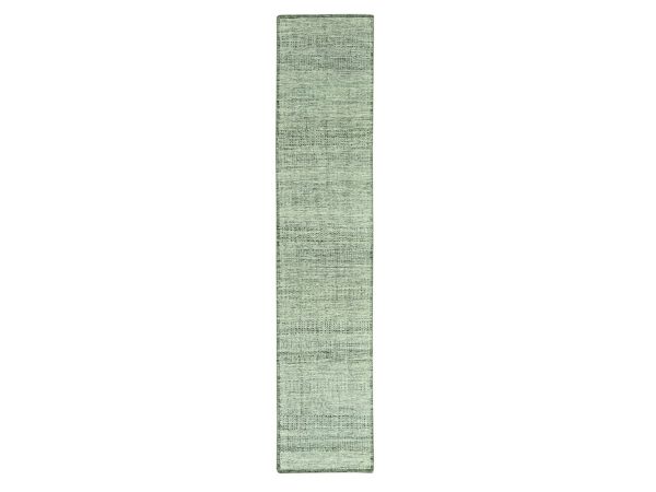 2'7"x12' Basil Green, Oxidized and Distressed Grass Design with Exposed Warps, 100% Wool, Hand Knotted, Runner, Oriental Rug HR77081