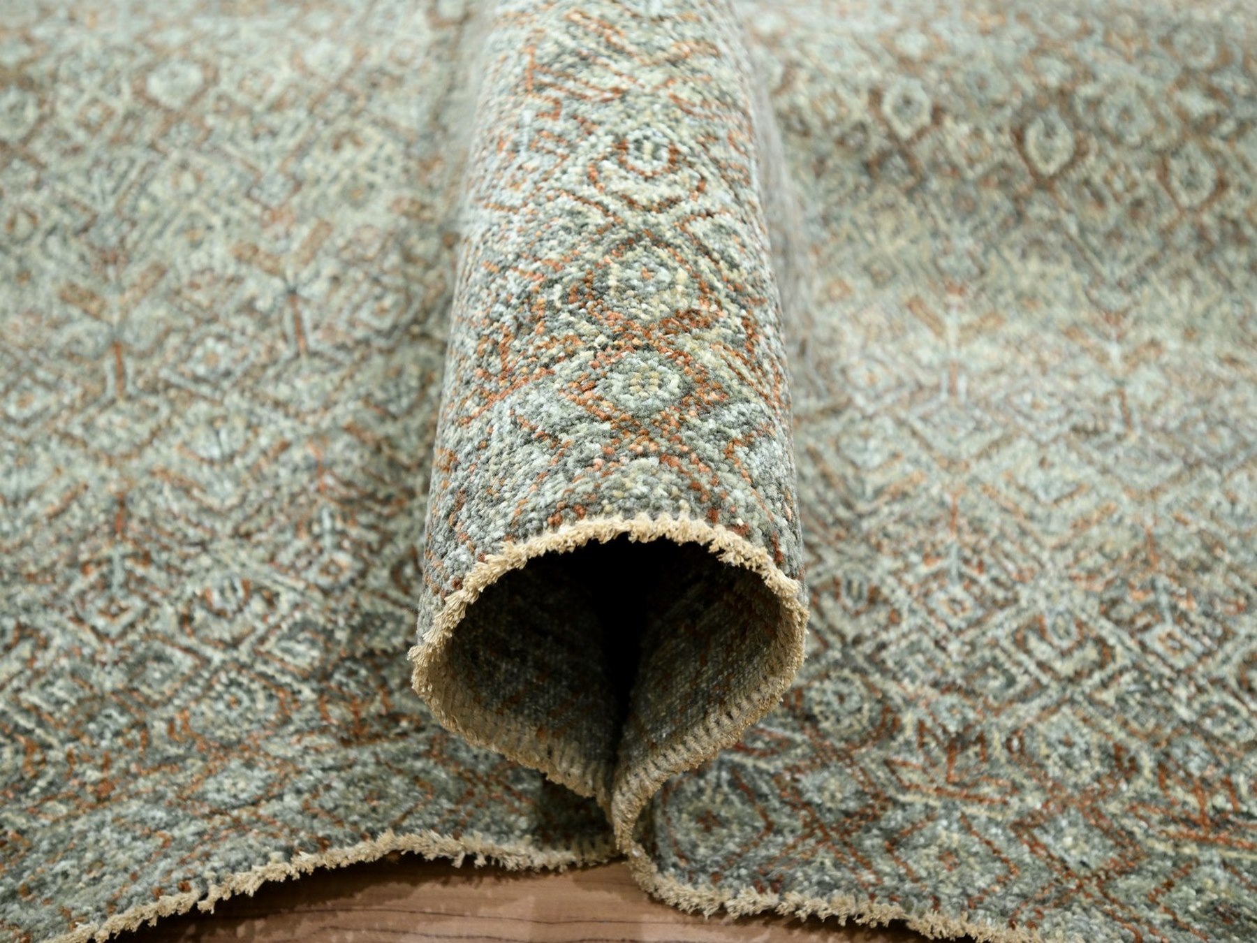 12'x15' Sage Green, Hand Knotted, Kohinoor Herat Pattern, Small Geometric Repetitive Diamond Design, Soft Wool, Tone on Tone, Oversized, XL, Oriental Rug HR77085 - Image 5
