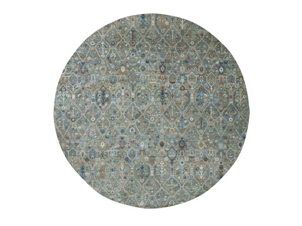 12'x12' Sage Green, Trellis Borderless Garden Design, Agra, Hand Knotted, Hand Spun New Zealand Wool, Oversized, Round, Oriental Rug HR77087