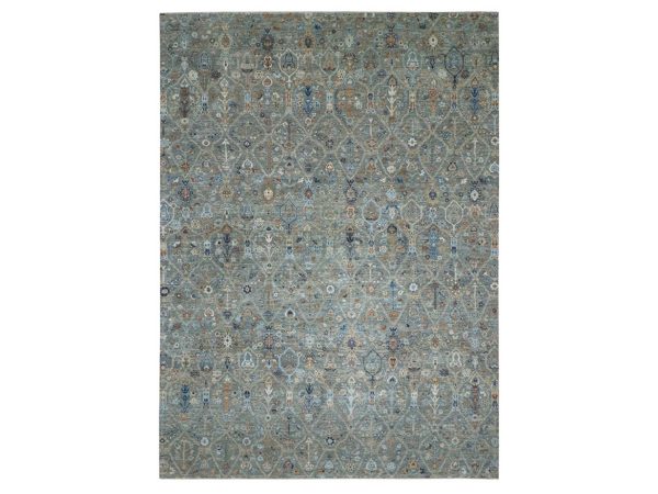 10'1"x14' Sage Green, Hand Knotted, Trellis Borderless Garden Design, Agra, Hand Spun New Zealand Wool,
Oriental Rug HR77089