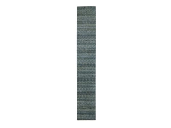 2'7"x16' Ocean Blue, Hand Knotted, Kohinoor Herat Pattern, Small Geometric Repetitive Diamond Design, Soft Wool, Tone on Tone, XL Runner, Oriental Rug HR77092