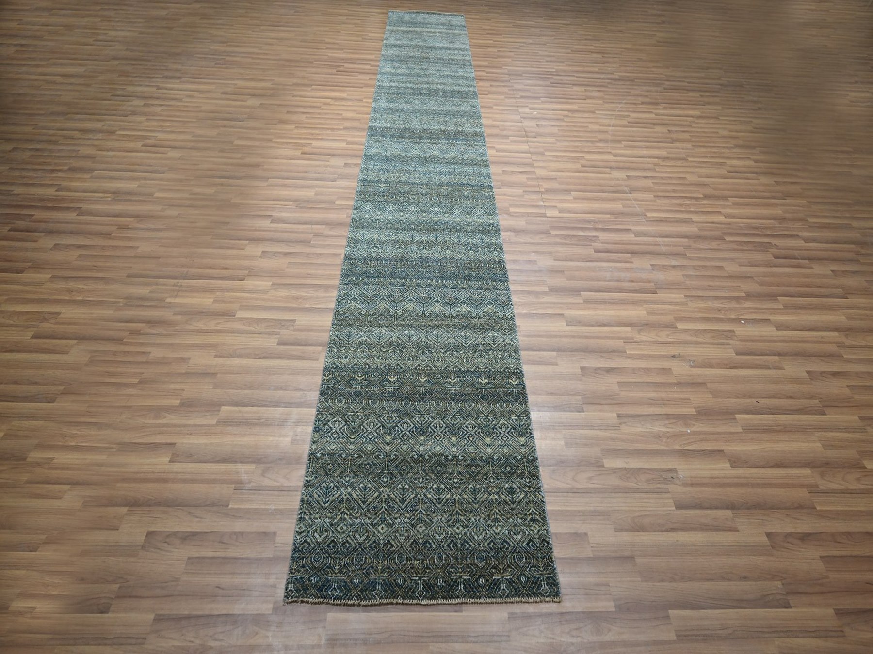 2'7"x16' Ocean Blue, Hand Knotted, Kohinoor Herat Pattern, Small Geometric Repetitive Diamond Design, Soft Wool, Tone on Tone, XL Runner, Oriental Rug HR77092 - Image 2