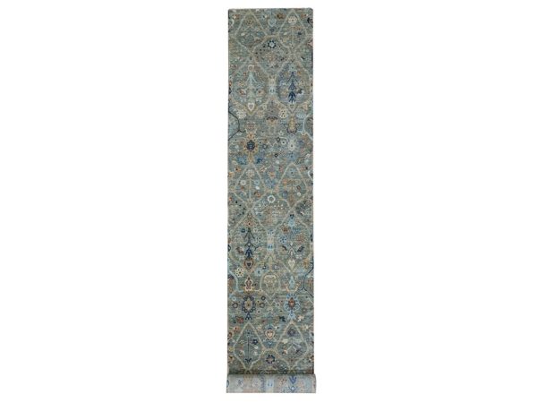 2'6"x25'10" Sage Green, Trellis Borderless Garden Design, Agra, Hand Knotted, Hand Spun New Zealand Wool,
Narrow and XL Runner, Oriental Rug HR77096