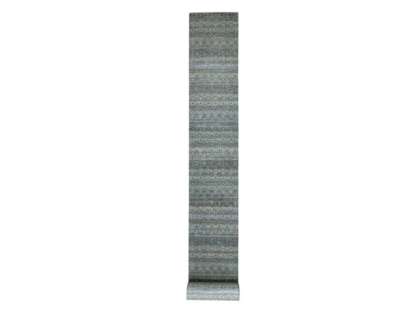 2'6"x26' Ocean Blue, Hand Knotted, Kohinoor Herat Pattern, Small Geometric Repetitive Diamond Design, Soft Wool, Tone on Tone, XL Runner, Oriental Rug HR77097