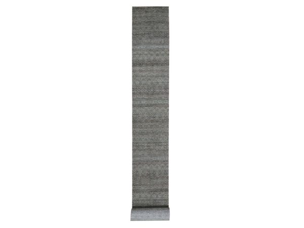 2'6"x26' Sage Green, Kohinoor Herat Pattern, Small Geometric Repetitive Diamond Design, Hand Knotted, Soft Wool, Tone on Tone, XL Runner, Oriental Rug HR77098