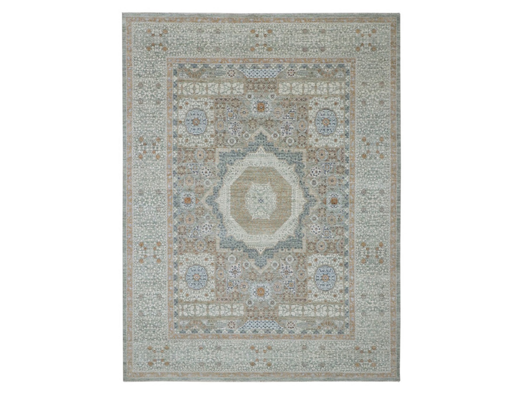 9'x12' Pistachio Green, Pure Wool, Hand Knotted, Pre Historic 14th Century Influence, Mamluk Design, Natural Dyes, Oriental Rug HR77100