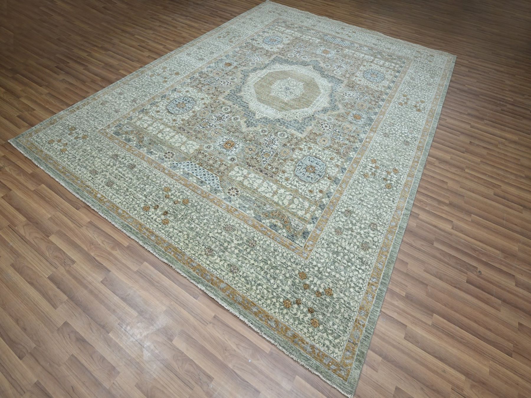 9'x12' Pistachio Green, Pure Wool, Hand Knotted, Pre Historic 14th Century Influence, Mamluk Design, Natural Dyes, Oriental Rug HR77100 - Image 3