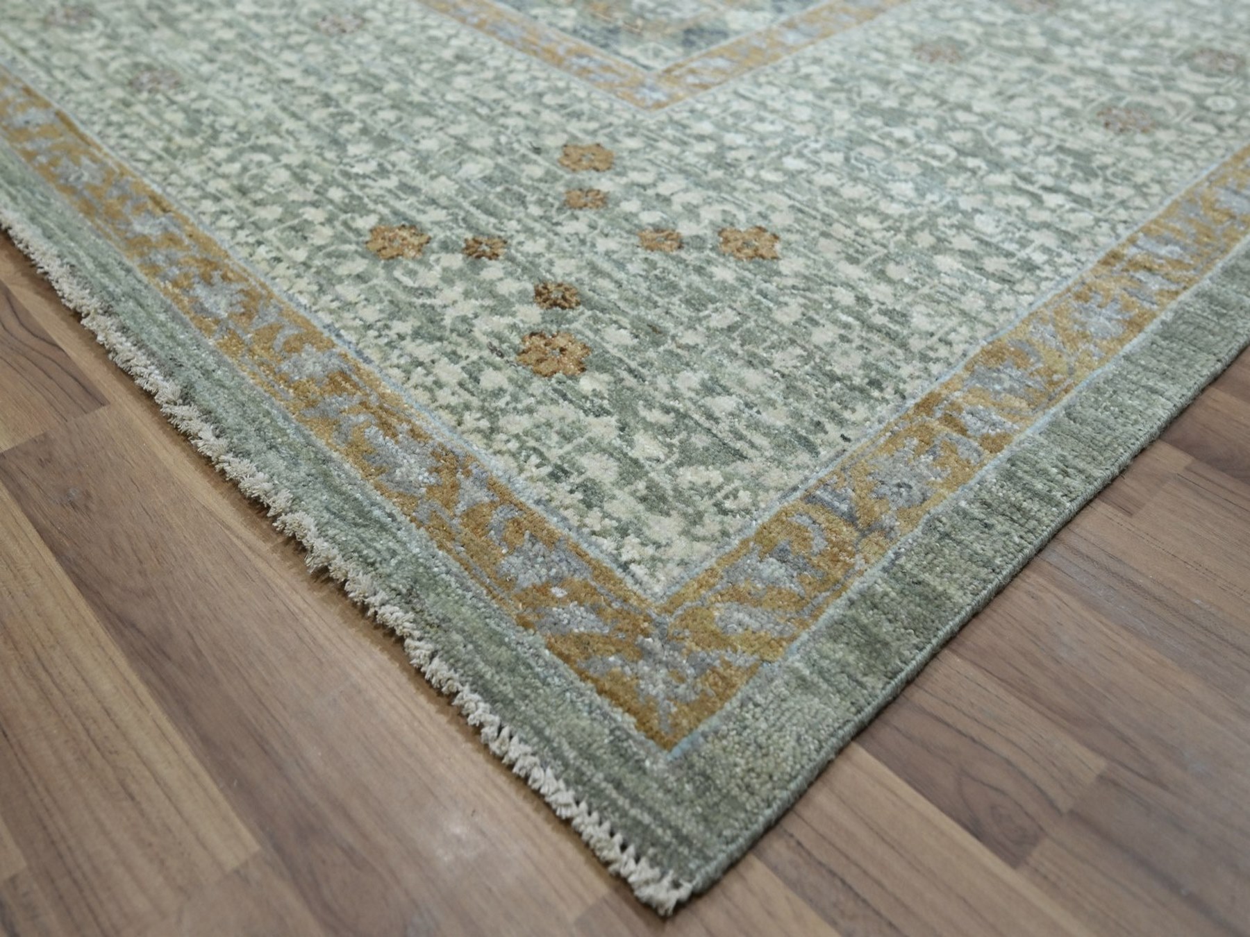9'x12' Pistachio Green, Pure Wool, Hand Knotted, Pre Historic 14th Century Influence, Mamluk Design, Natural Dyes, Oriental Rug HR77100 - Image 6