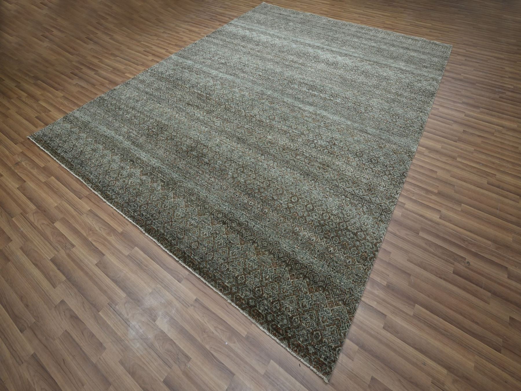 9'1"x12' Sage Green, Kohinoor Herat Pattern, Small Geometric Repetitive Diamond Design, Soft Wool, Tone on Tone, Hand Knotted, Oriental Rug HR77104 - Image 3