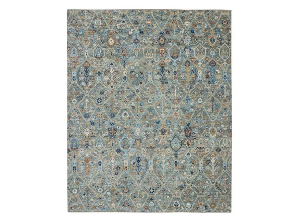 8'1"x10'1" Sage Green, Hand Spun New Zealand Wool, Trellis Borderless Garden Design, Agra, Hand Knotted, Oriental Rug HR77106