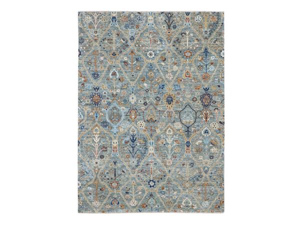 5'1"x7' Sage Green, Agra, Trellis Borderless Garden Design, Hand Knotted, Hand Spun New Zealand Wool, Oriental Rug HR77113
