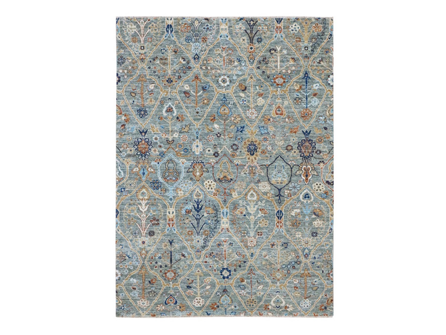 5'1"x7' Sage Green, Agra, Trellis Borderless Garden Design, Hand Knotted, Hand Spun New Zealand Wool, Oriental Rug HR77113