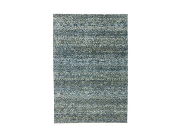 4'1"x6' Ocean Blue, Hand Knotted, Kohinoor Herat Pattern, Small Geometric Repetitive Diamond Design, Soft Wool, Tone on Tone, Oriental Rug HR77114