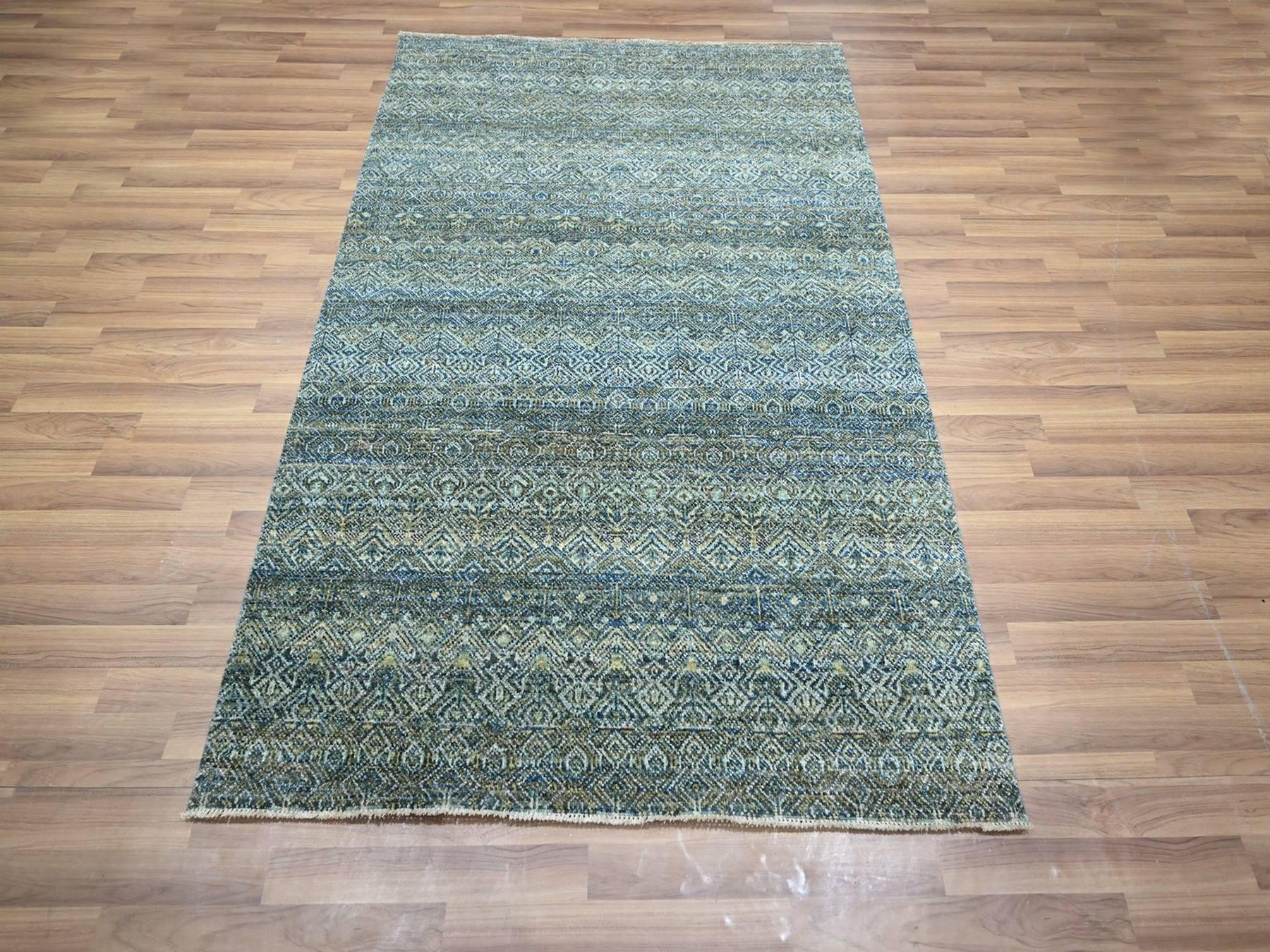 4'1"x6' Ocean Blue, Hand Knotted, Kohinoor Herat Pattern, Small Geometric Repetitive Diamond Design, Soft Wool, Tone on Tone, Oriental Rug HR77114 - Image 2