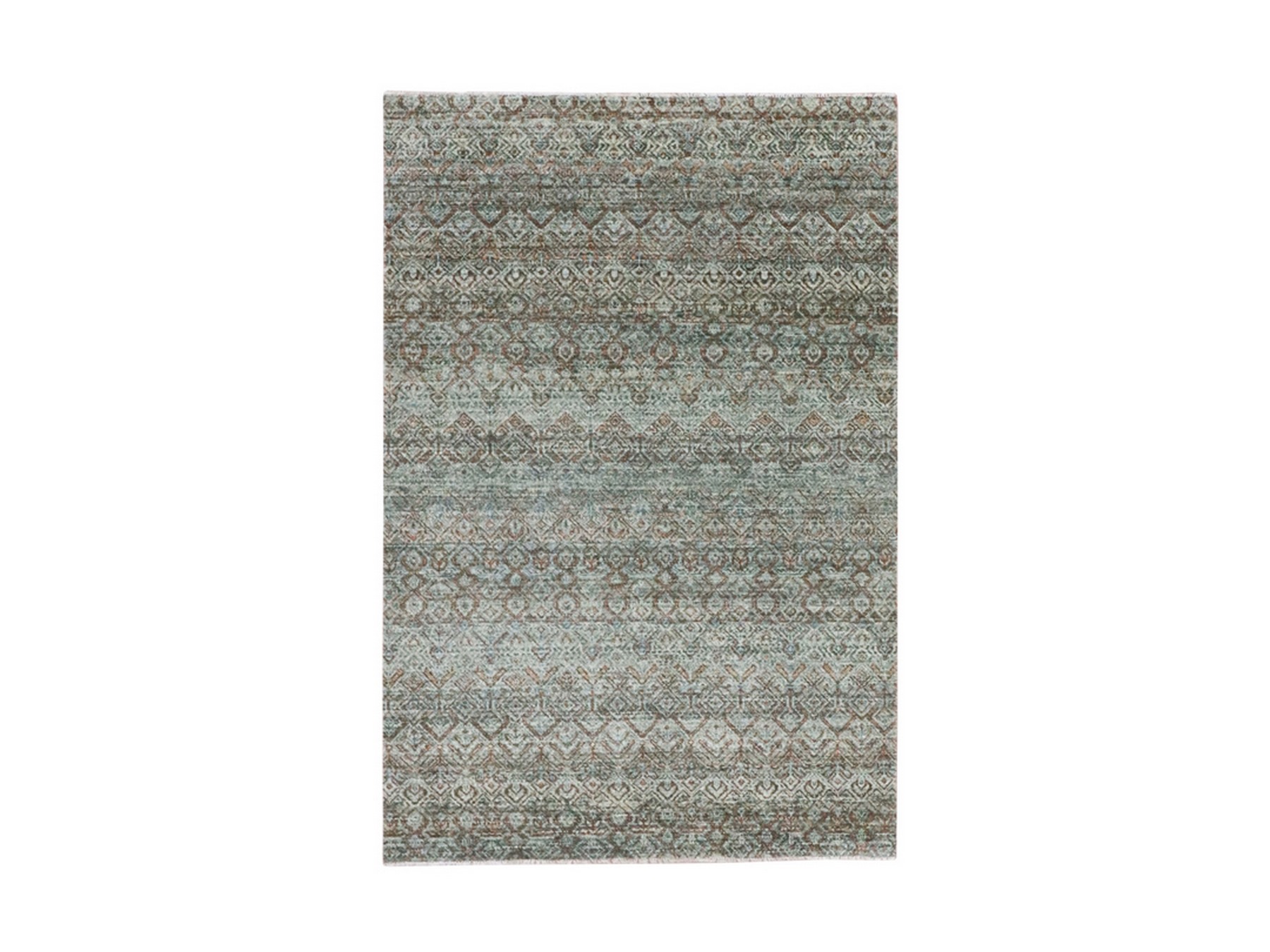 4'1"x6'1" Sage Green, Tone on Tone, Hand Knotted, Kohinoor Herat Pattern, Small Geometric Repetitive Diamond Design, Soft Wool, Oriental Rug HR77115