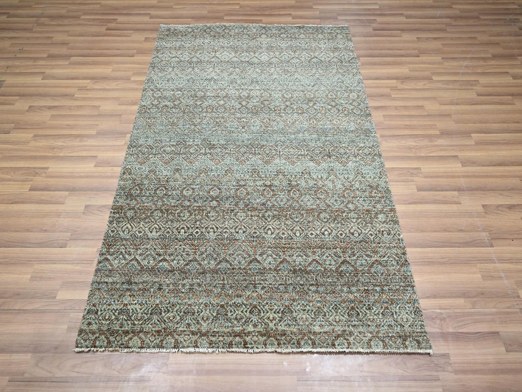 4'1"x6'1" Sage Green, Tone on Tone, Hand Knotted, Kohinoor Herat Pattern, Small Geometric Repetitive Diamond Design, Soft Wool, Oriental Rug HR77115 - Image 2