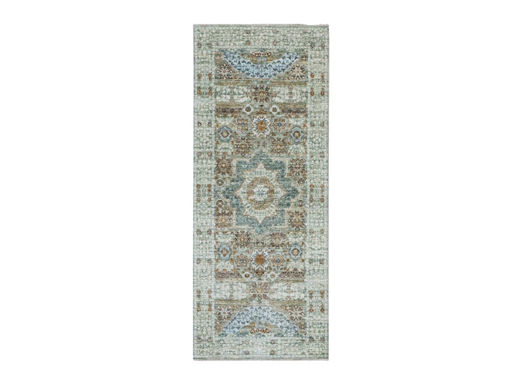 2'6"x6'1" Pistachio Green, Hand Knotted, Pre Historic 14th Century Influence, Mamluk Design, Natural Dyes, Pure Wool, Narrow and Short Runner, Oriental Rug HR77117