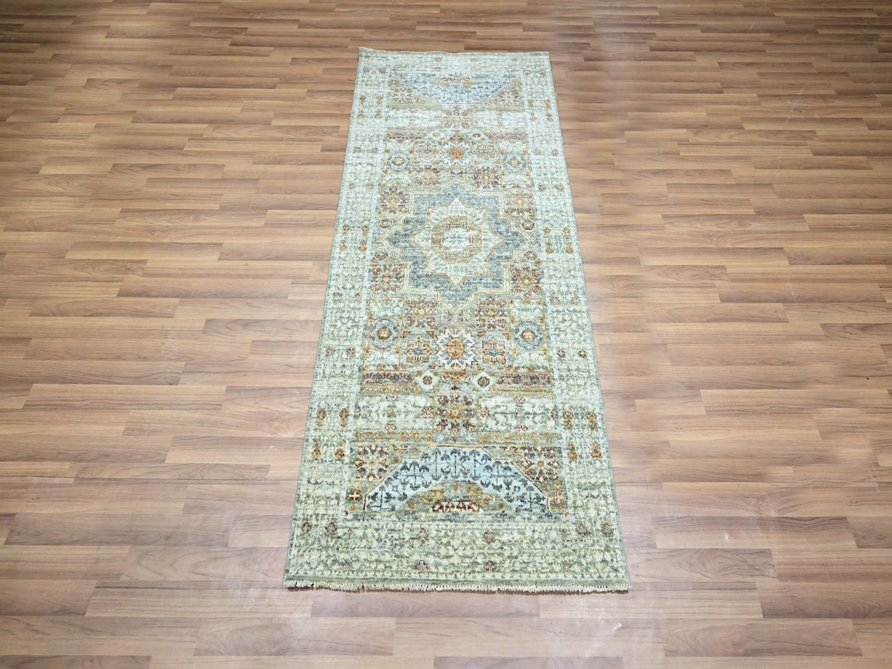 2'6"x6'1" Pistachio Green, Hand Knotted, Pre Historic 14th Century Influence, Mamluk Design, Natural Dyes, Pure Wool, Narrow and Short Runner, Oriental Rug HR77117 - Image 2
