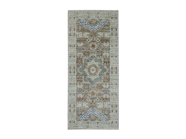 2'6"x6'1" Pistachio Green, Pure Wool, Hand Knotted, Pre Historic 14th Century Influence, Mamluk Design, Natural Dyes, Narrow and Short Runner, Oriental Rug HR77118