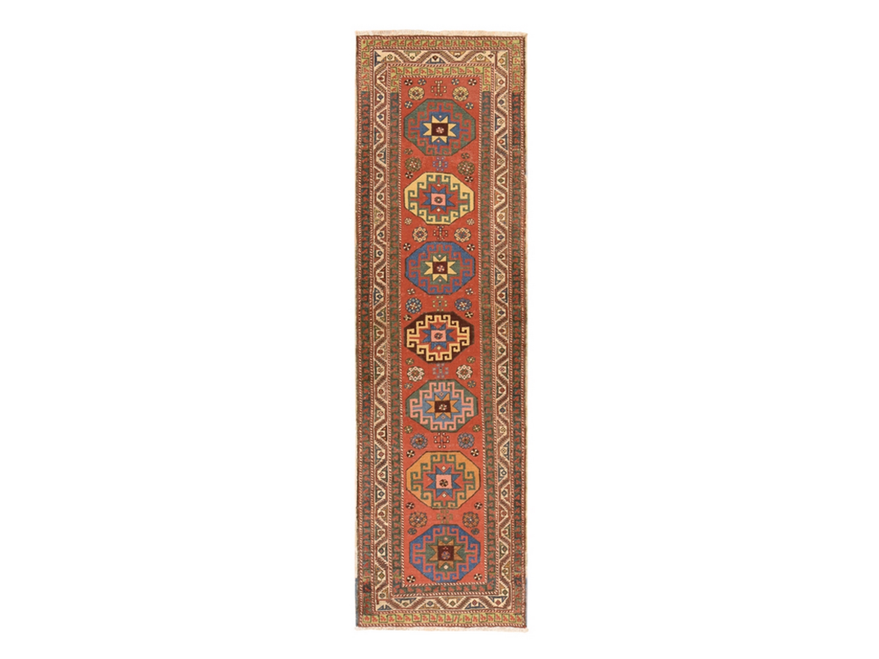 3'4"x11'2" Prismatic Red, Antique Caucasian Kazak, Even Wear, Clean, Pliable and Soft Low Pile, 100% Wool, Hand Knotted, Runner, Oriental Rug HR78502