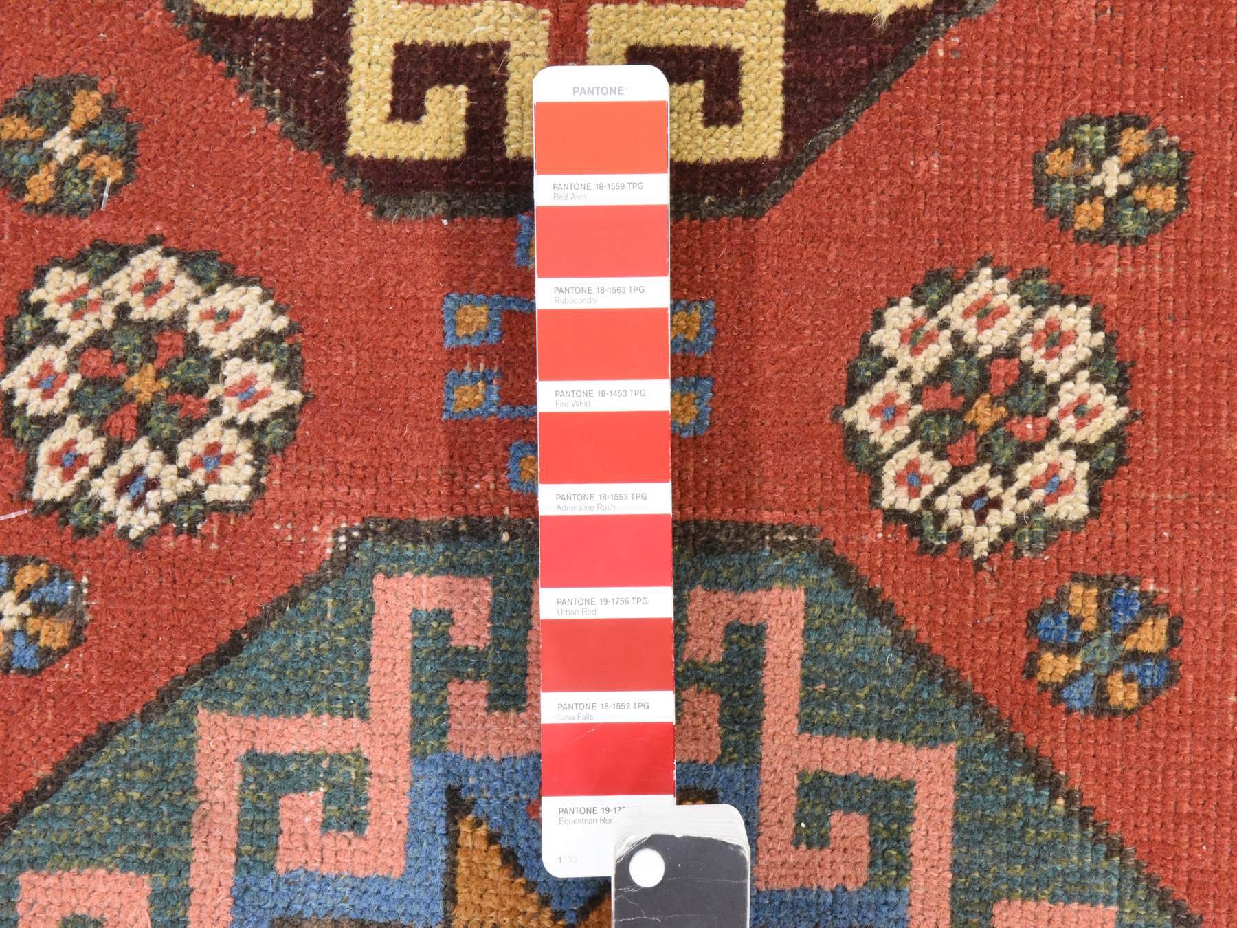 3'4"x11'2" Prismatic Red, Antique Caucasian Kazak, Even Wear, Clean, Pliable and Soft Low Pile, 100% Wool, Hand Knotted, Runner, Oriental Rug HR78502 - Image 4
