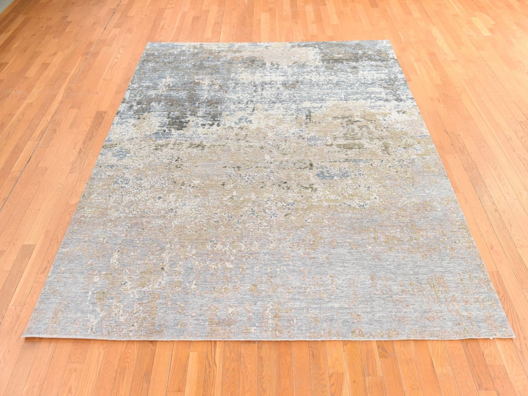 8'x9'10" Gray-Beige, Persian Knot, Galaxy Modern Abstract Design in Soft Colors, Wool and Silk, Denser Weave, Hand Knotted, Oriental Rug HR78665 - Image 2