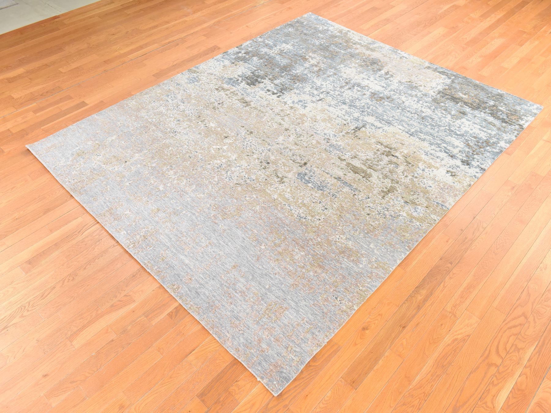 8'x9'10" Gray-Beige, Persian Knot, Galaxy Modern Abstract Design in Soft Colors, Wool and Silk, Denser Weave, Hand Knotted, Oriental Rug HR78665 - Image 4