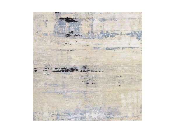 10'x10' Beige & Gray, Abstract Design, Hand Knotted, Hi-Low Pile, Wool & Silk, Square, Oriental Rug HR78667
