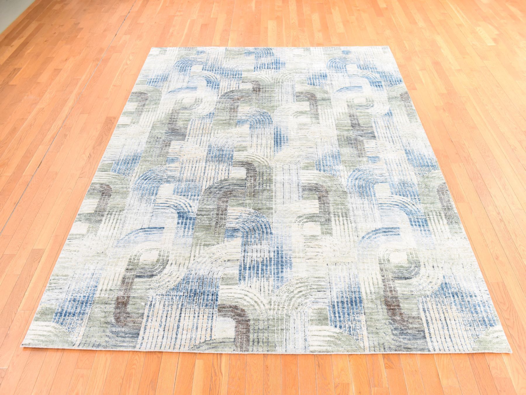 8'x10'2" Ivory, THE INTERTWINED PASSAGE, Silk with Textured Wool, Hand Knotted, Oriental Rug HR78668 - Image 2