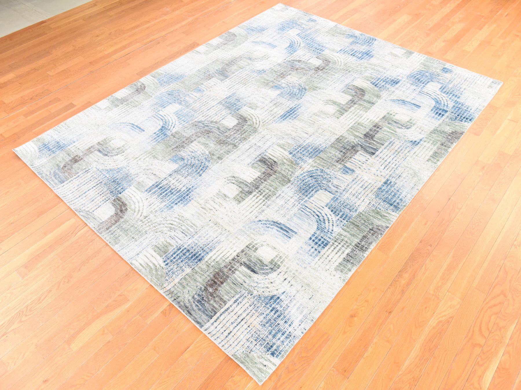 8'x10'2" Ivory, THE INTERTWINED PASSAGE, Silk with Textured Wool, Hand Knotted, Oriental Rug HR78668 - Image 4