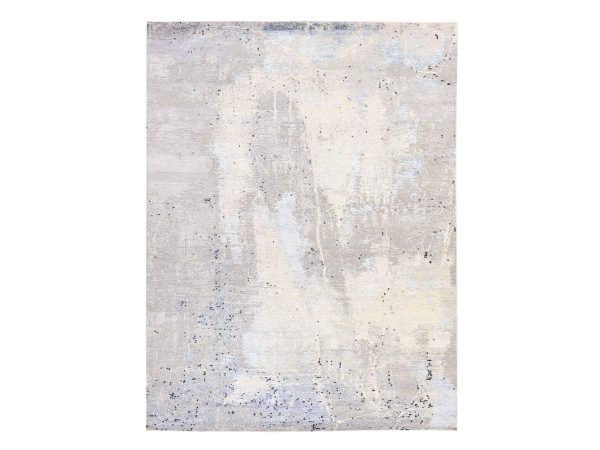 7'9"x10'3" Pastel Gray, Abstract Design with Soft Blues, Wool and Silk, Hand Knotted, Oriental Rug HR78669