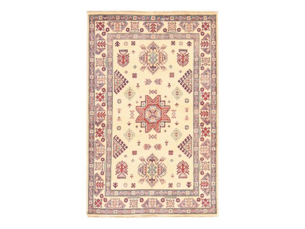 3'10"x6' Linen White, Special Kazak with Geometric Design, Natural Wool, Hand Knotted, Oriental Rug HR78670