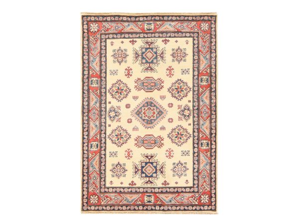 4'x5'7" Oyster White, Special Kazak with Geometric Design, Natural Wool, Hand Knotted, Oriental Rug HR78671