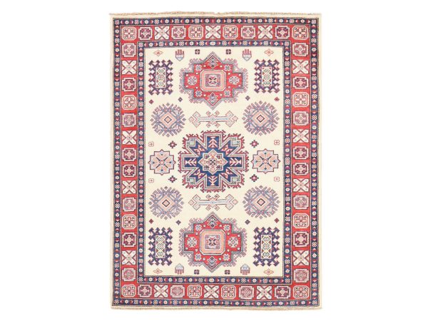 4'x5'6" Oyster White, Special Kazak with Tribal Design, Pure Wool, Hand Knotted, Oriental Rug HR78672