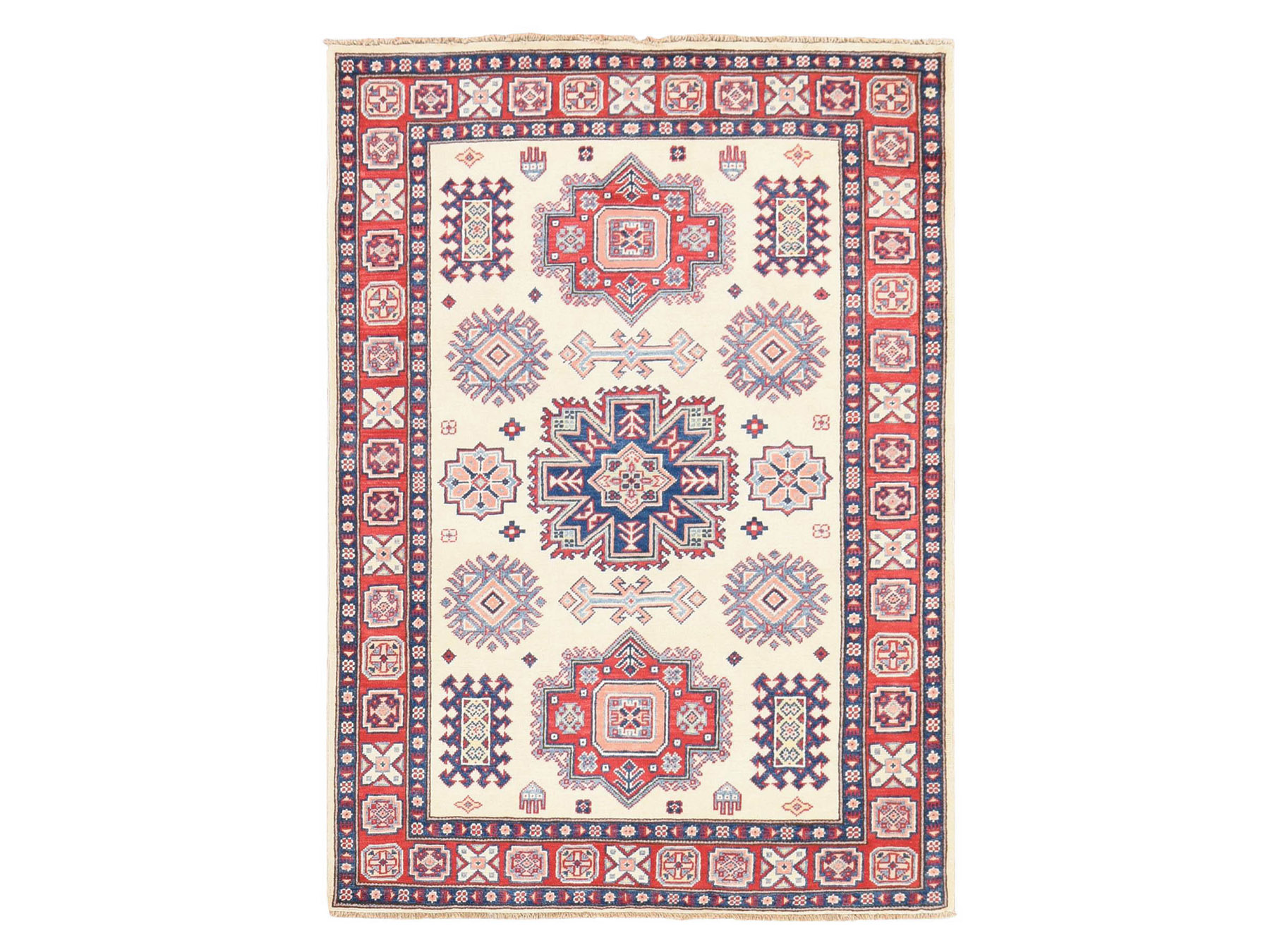 4'x5'6" Oyster White, Special Kazak with Tribal Design, Pure Wool, Hand Knotted, Oriental Rug HR78672