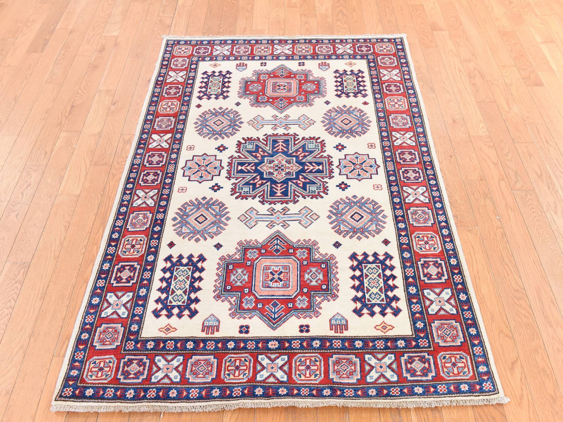4'x5'6" Oyster White, Special Kazak with Tribal Design, Pure Wool, Hand Knotted, Oriental Rug HR78672 - Image 2