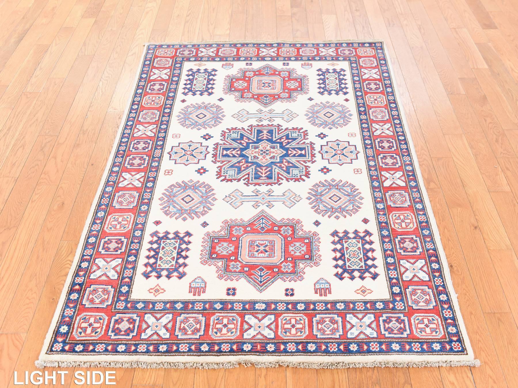 4'x5'6" Oyster White, Special Kazak with Tribal Design, Pure Wool, Hand Knotted, Oriental Rug HR78672 - Image 3