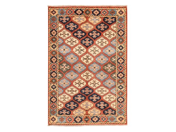 4'x6' Yam Orange, Afghan Ersari with Repetitive Design, Pure Wool, Hand Knotted, Oriental Rug HR78673
