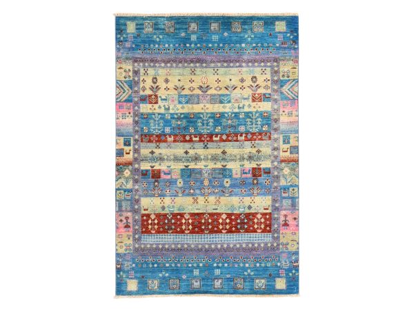 4'x5'10" Diva Blue, Fine Kashkuli Gabbeh with Small Animal Figurines, Hand Knotted, Natural Dyes, Pure Wool, Oriental Rug HR78675