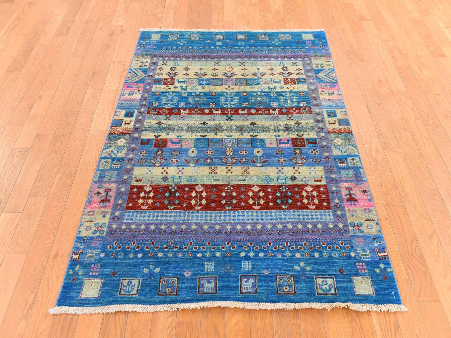 4'x5'10" Diva Blue, Fine Kashkuli Gabbeh with Small Animal Figurines, Hand Knotted, Natural Dyes, Pure Wool, Oriental Rug HR78675 - Image 2