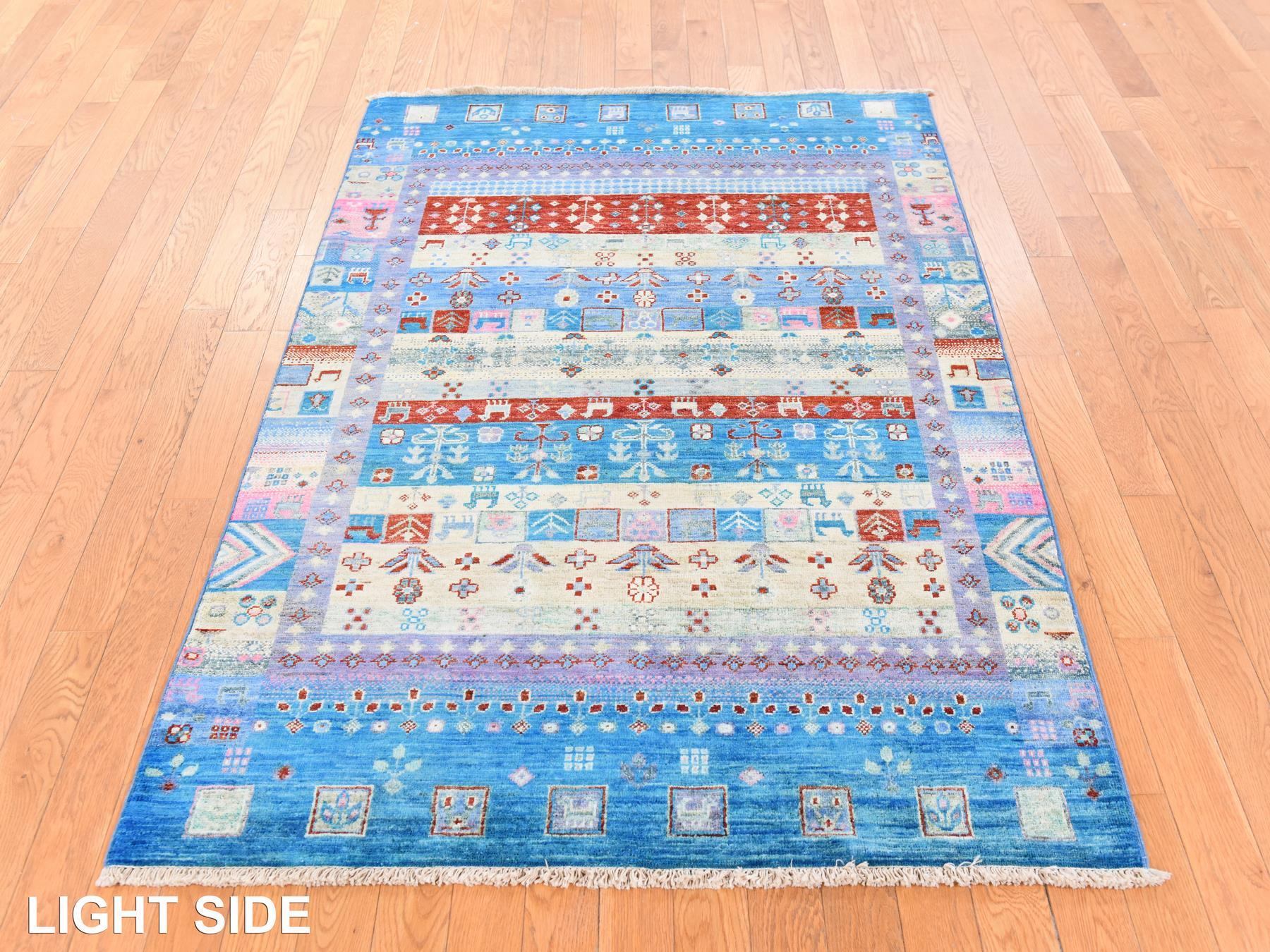 4'x5'10" Diva Blue, Fine Kashkuli Gabbeh with Small Animal Figurines, Hand Knotted, Natural Dyes, Pure Wool, Oriental Rug HR78675 - Image 3