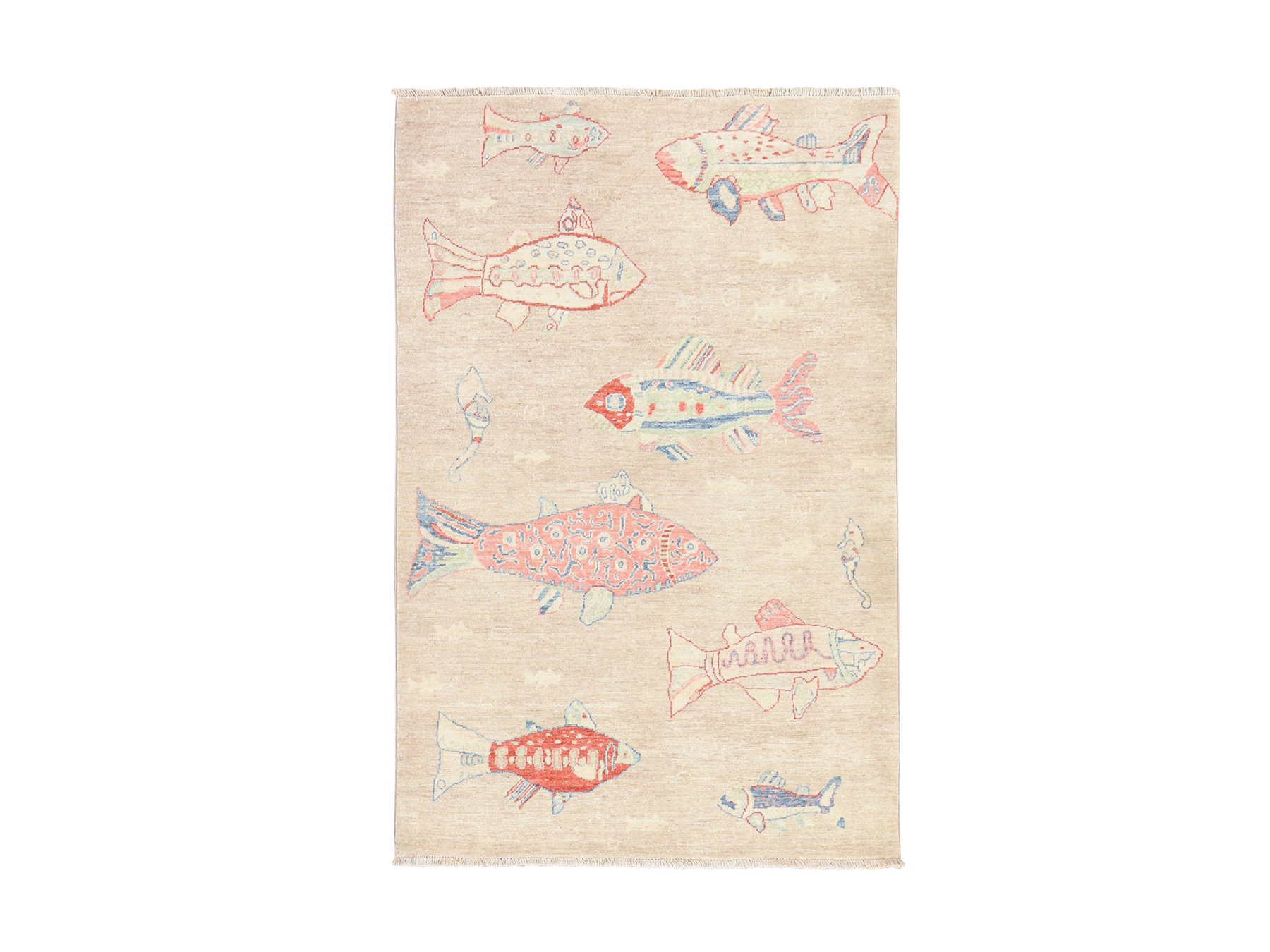 4'x6' Oyster White, Afghan Peshawar with Oceanic Fish Design, Soft and Velvety Wool, Hand Knotted, Oriental Rug HR78677